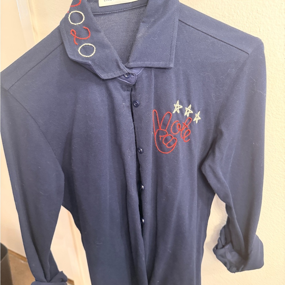 Navy Blue Button Down Shirt with Embroidered Details